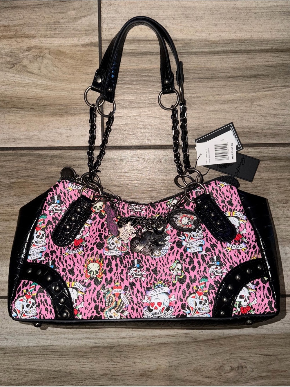 Ed Hardy Pink Leopard Tattoo-Print Shoulder Bag with Black Patent Trim